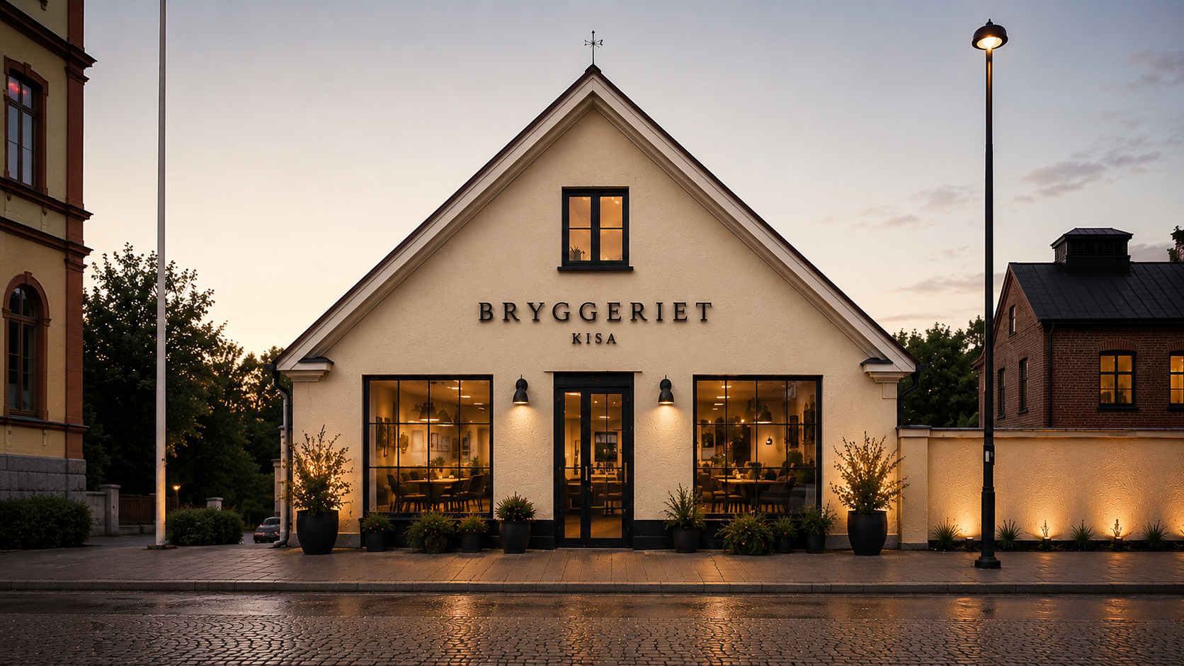 Gamla bryggeriet i Kisa i kvällsljus, med gränden till vänster och tegelhuset till höger